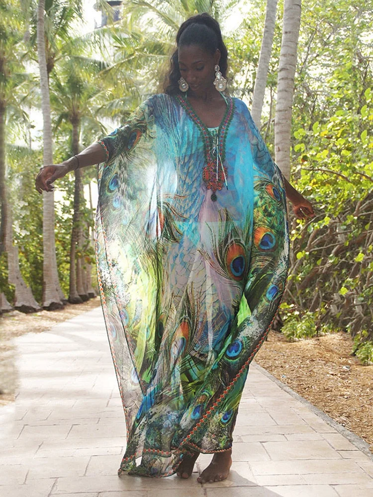 Fitshinling Peacock Print Beach Cover-Up Transparent Batwing Sleeve Oversized Long Dress Women Swimwear Holiday Sexy Green Robe