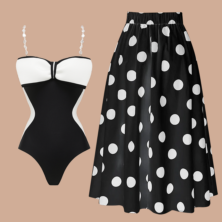 Black and White Bow Decor One Piece Swimsuit and Skirt Flaxmaker 