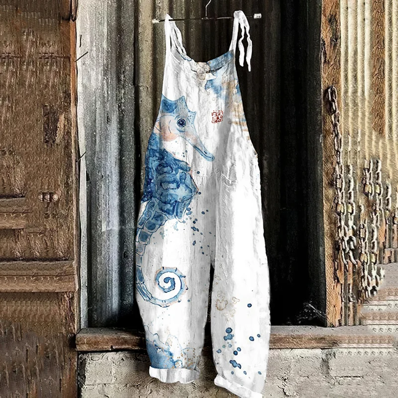 Vintage Seahorse Ink Art Loose Casual Jumpsuit