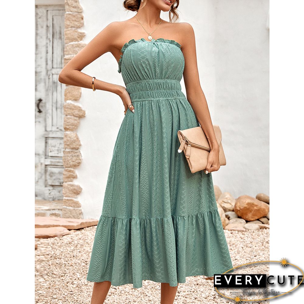 Pea Green Slim Waist Strapless Midi Dress