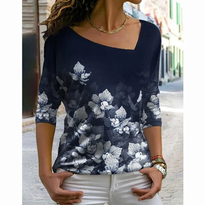 Camiseta feminina com estampa de folha floral decote em v manga longa