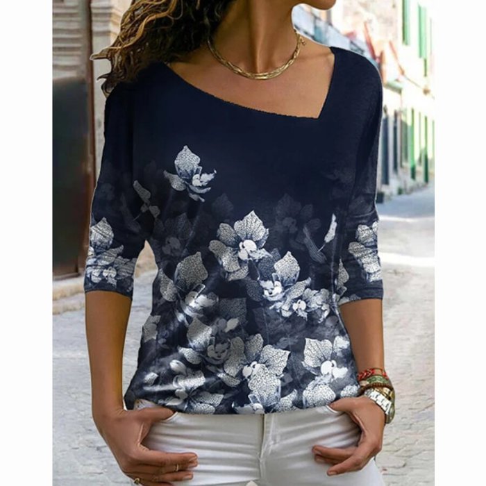 Camiseta feminina com estampa de folha floral decote em v manga longa