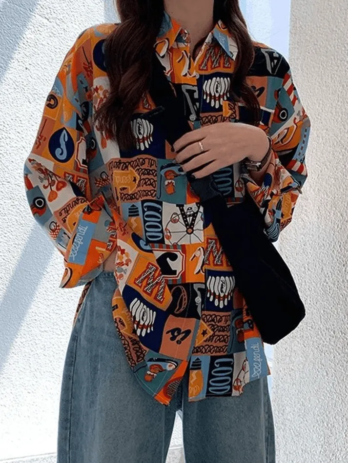 Brownm Vintage Mixed Print Long Sleeve Blouse