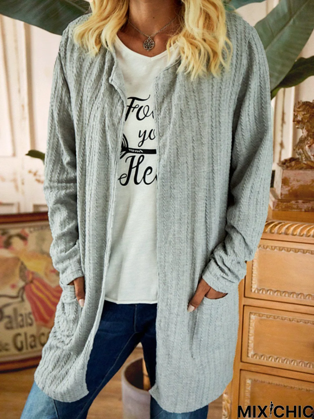 Gray Jacquard Casual Jacquard Sweater coat