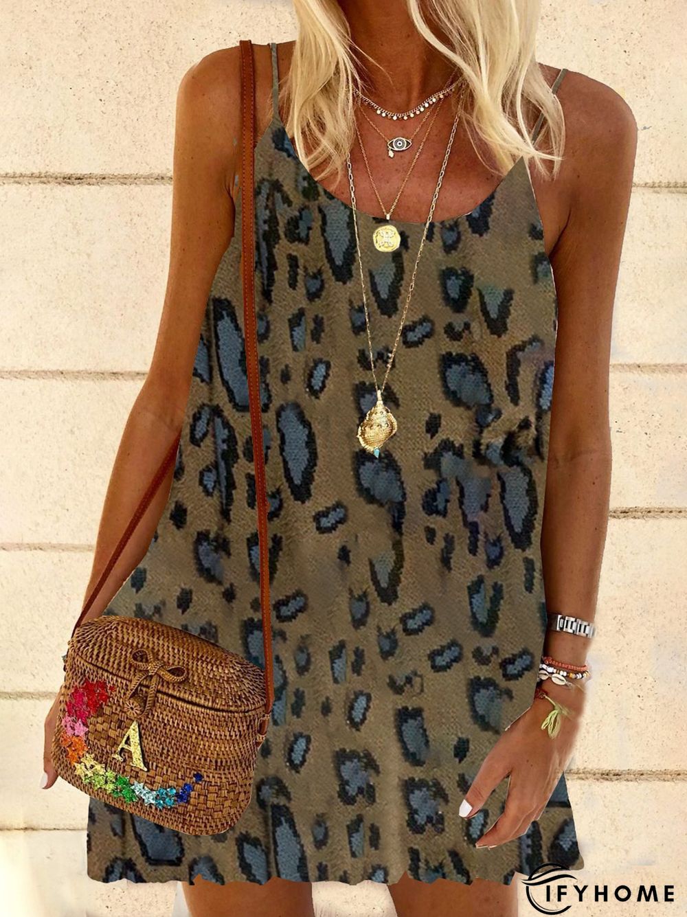 New Women Chic Plus Size Vintage Holiday Boho Leopard Spaghetti-Strap V Neck Vintage Knitting Dress | IFYHOME