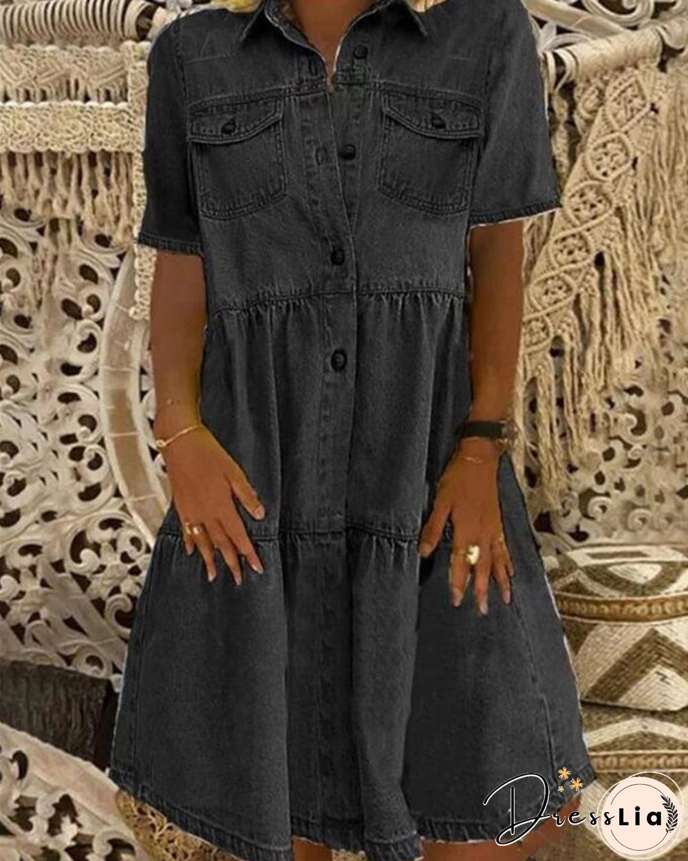 Sky Blue Denim Daily Casual Shirt Collar Short Sleeve Buttoned Pockets A-line Dresses