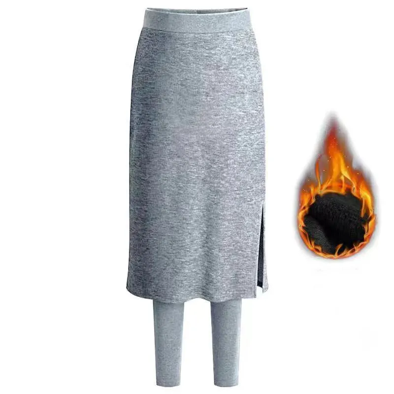 CHRLEISURE Women Sexy Two Pieces Skirt Leggings Slim Fit Elastic Winter Warm Fleece Long Skirt Leggings Solid Color