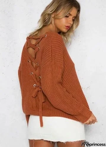 V Neck Solid Color Long Sleeve Knit Sweater