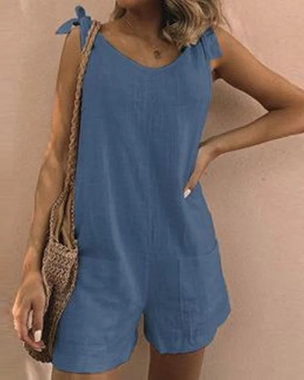 Pockets Sleeveless Casual Linen Rompers