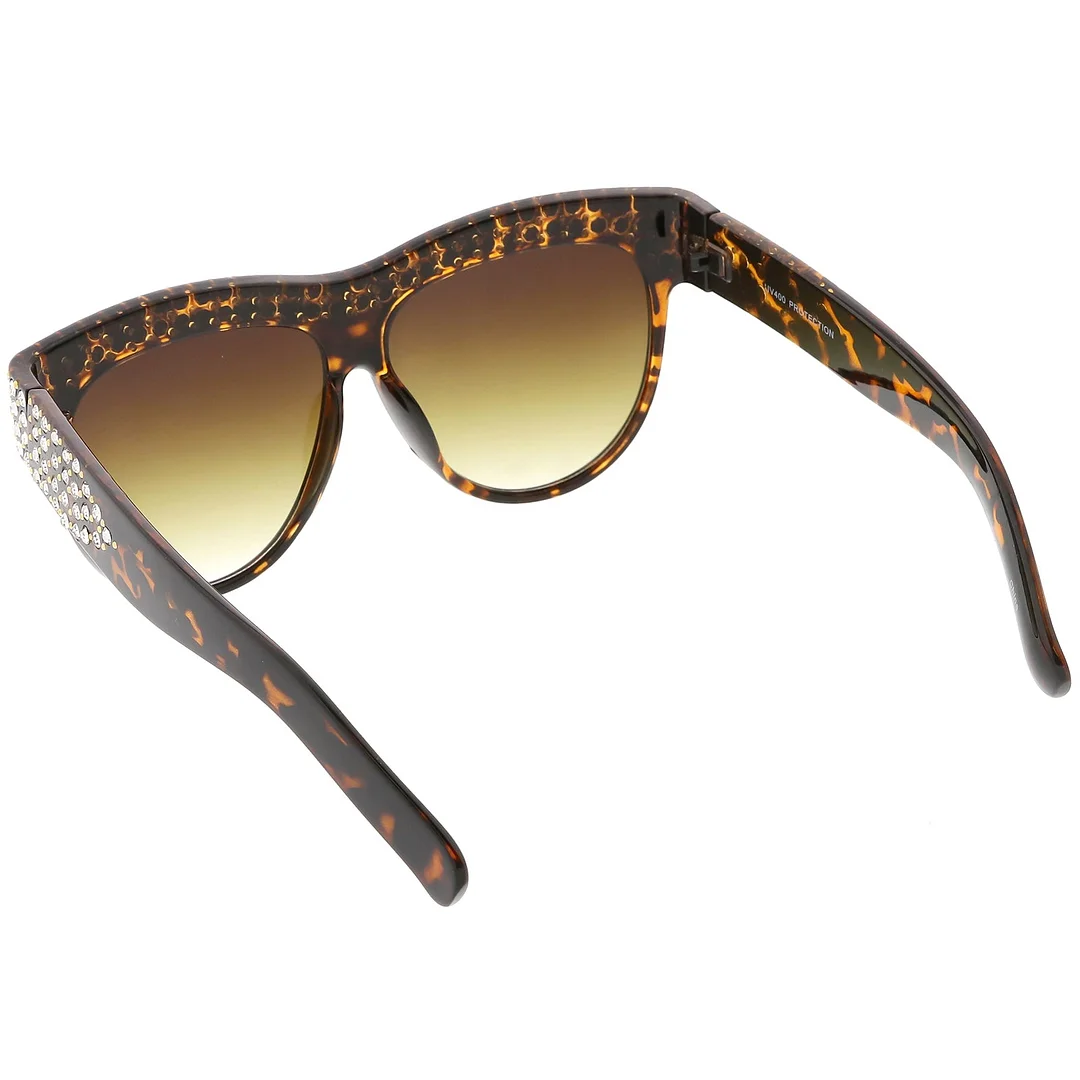 Handcrafted Rhinestone Stud Embellished Oversize glasses Round Flat Lens 57mm