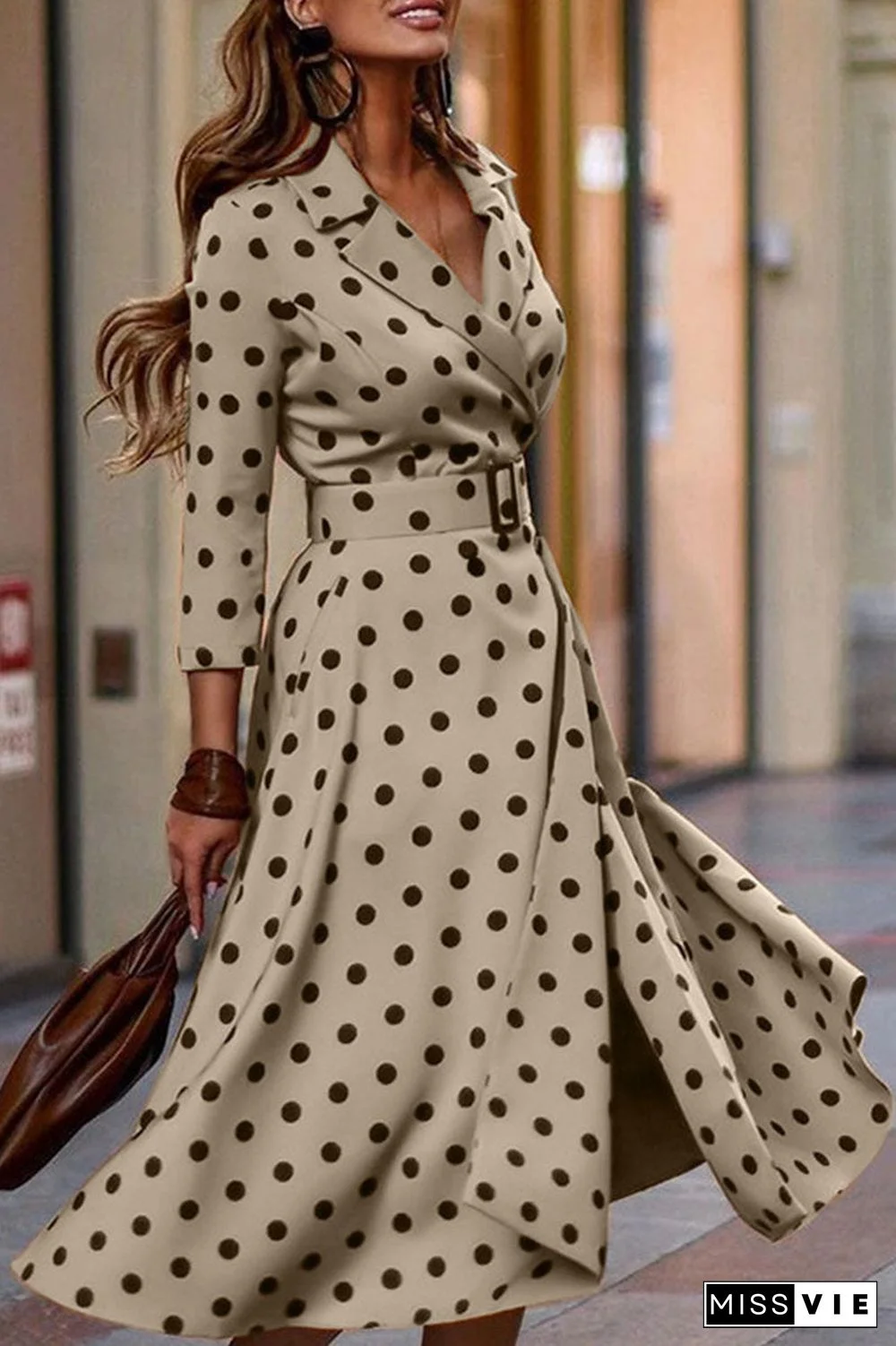 Fashion Street Polka Dot Split Joint Turndown Collar Pleated Dresses