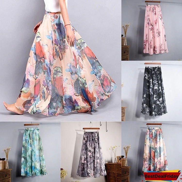 Women Boho Vintage Bohemia Chiffon Floral Printed Floor-Length Long Maxi Beach Dresses
