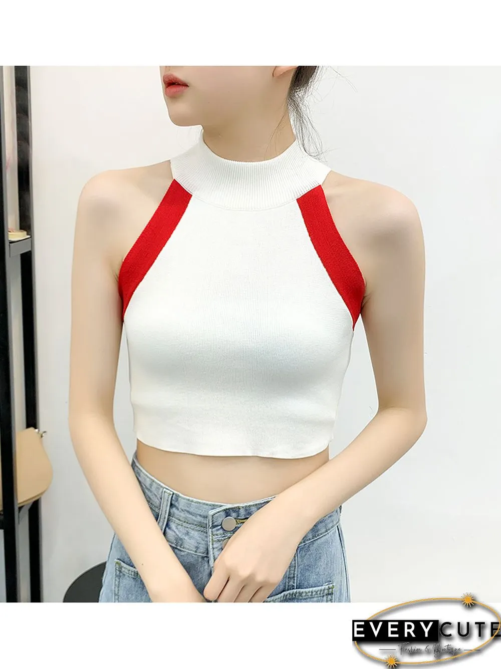 Heliar Womens Y2K Round-neck Patchwork Cute Off Shoulder Cropped Tops Knitted Tank
