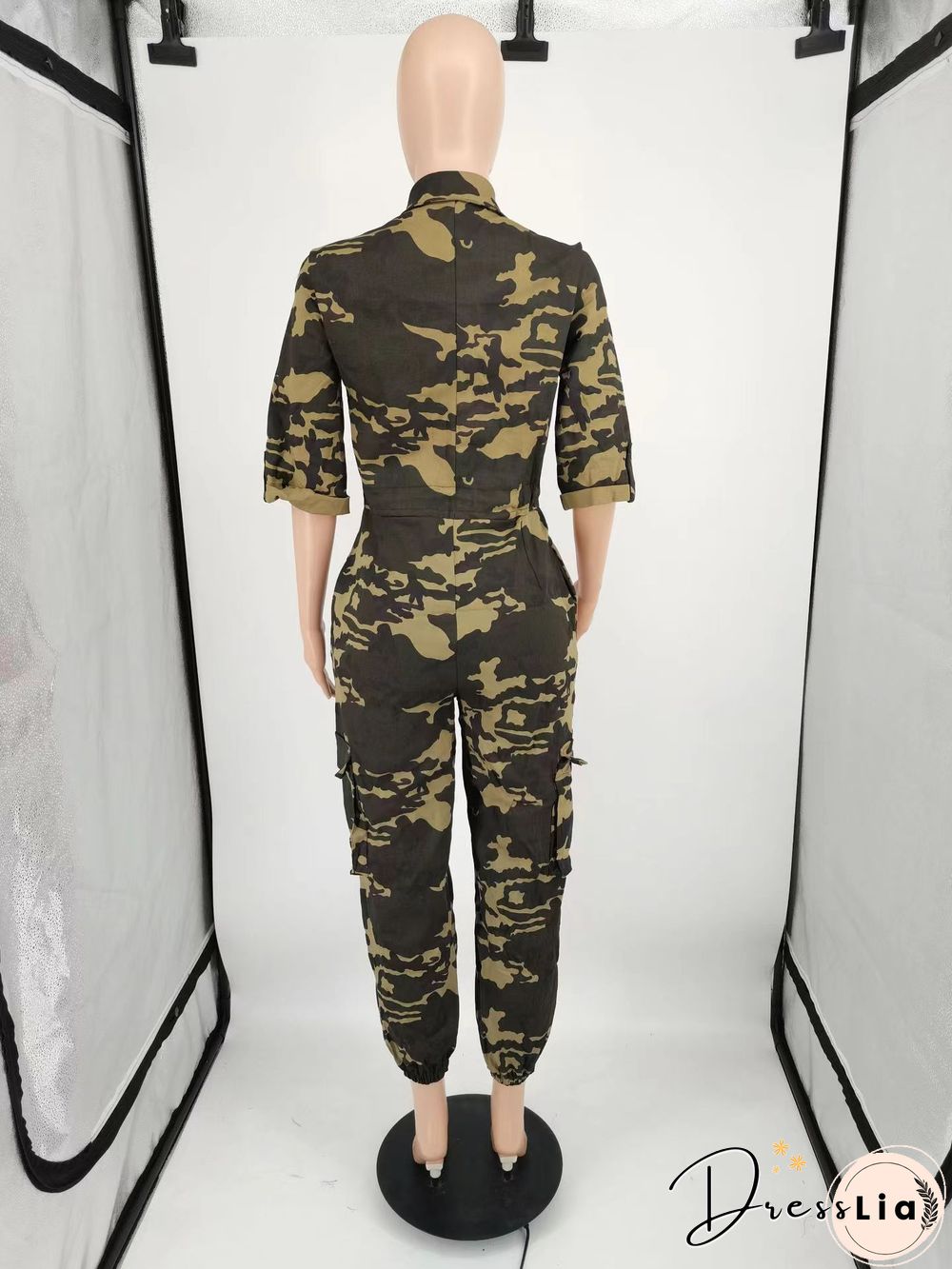 Camo Turn Down Collar Zipper One Piece Jumpsuit