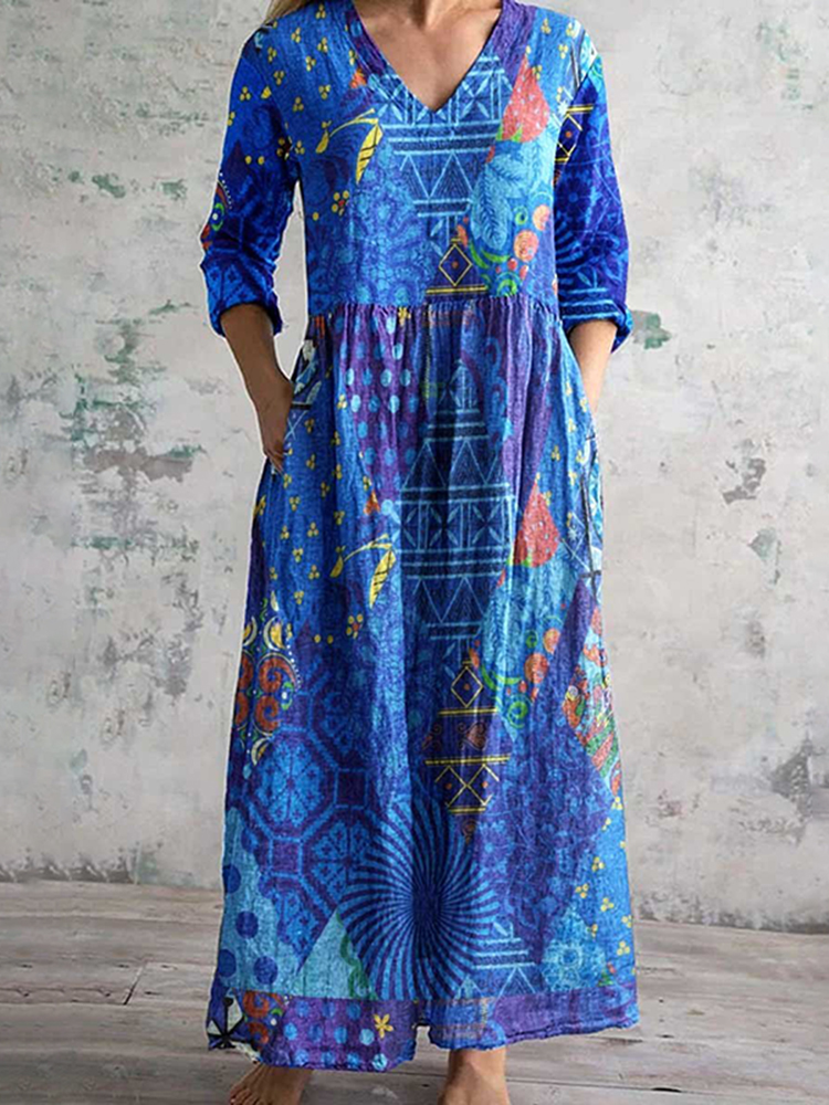 Comstylish Geometric Print V-Neck Casual Loose Midi Dress