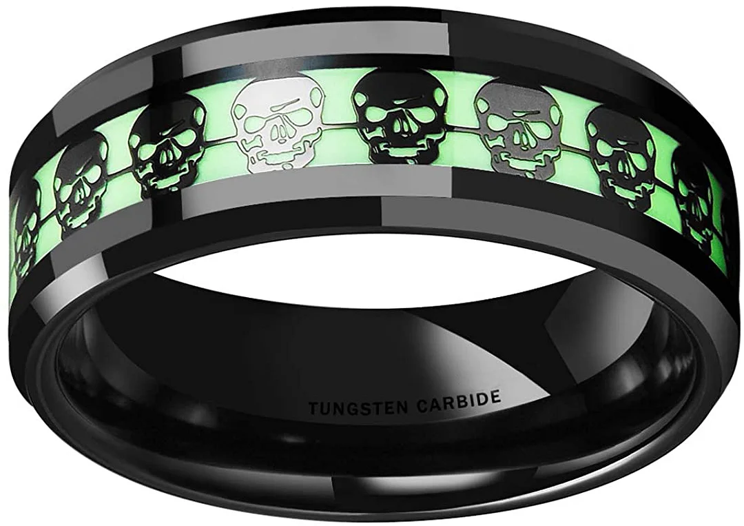 8MM Women's Or Men's Aurora Luminou Glow Tungsten Carbide Carbon Fiber Skull Wedding Bands