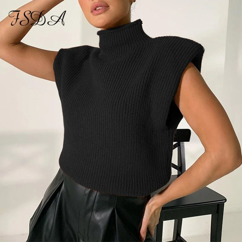 Turtleneck Sleeveless Vest Sweater Women 2022 With Shoulder Pads Knitted Pullover Autumn Winter Jumper Casual Tops Fashion