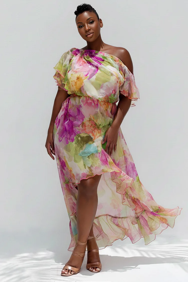 Xpluswear Design Plus Size Vacation Sundress Multicolor Graphic Oblique Collar Short Sleeve High Low Hem Ruffle Chiffon Midi Dresses [Pre-Order] 2024 - Xpluswear