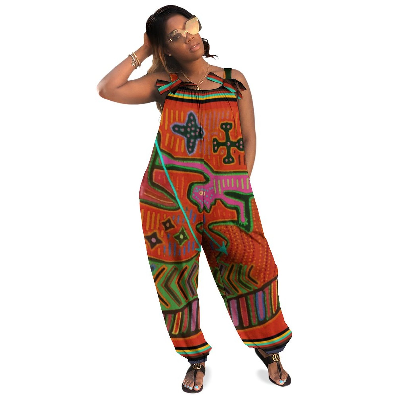 Kuna Indian Mola Plus Size Women Rompers Summer Casual Loose Floral Print Jumpsuits Cute Summer Boho Pockets Polyester Spandex