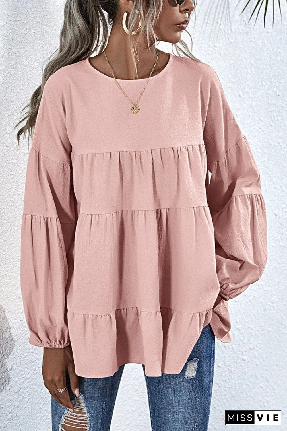 Solid Color Lantern Sleeve Casual Top