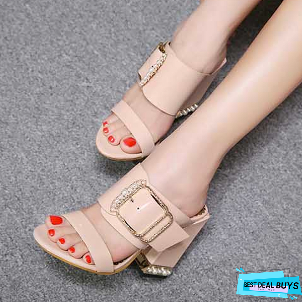Women Crystal Buckle Square Heel Sandals Mules Slippers Slides Shoes