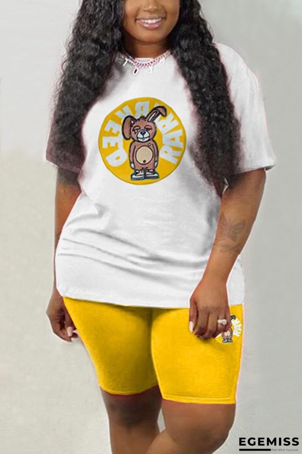 Yellow Ma'am Street Fashion adult Print contrast color Patchwork Two Piece Suits Straight Short S | EGEMISS