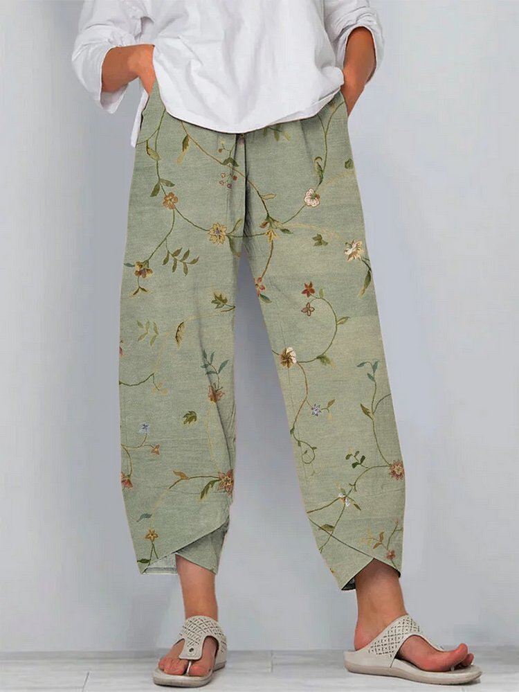 Vintage Floral Cotton and Linen Cropped Casual Pants