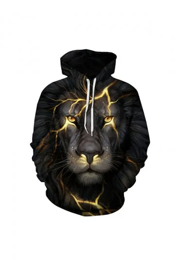 Womens Halloween Lion Printed Draw String Hoodie Black-elleschic