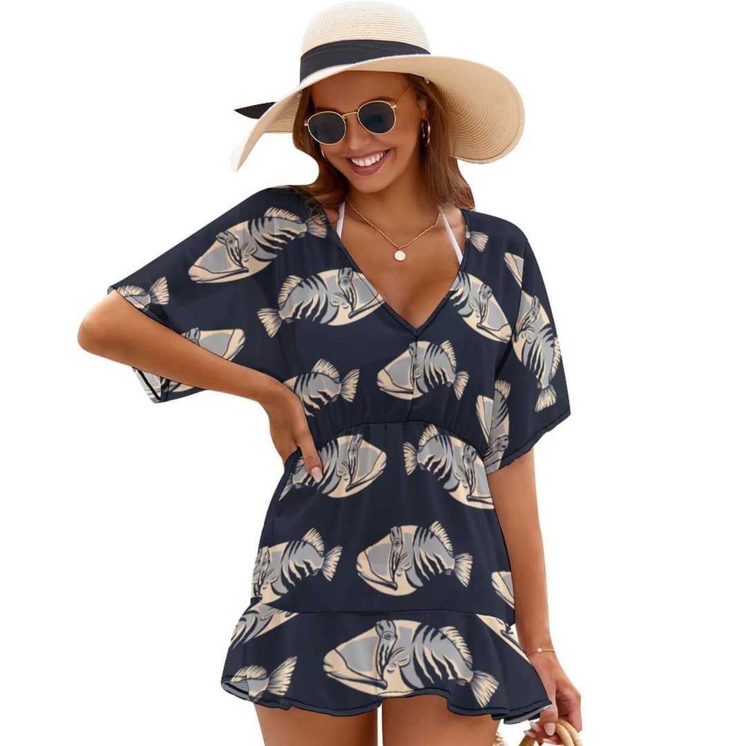 Tropical Fish Cover Ups Dress Women Summer Sexy See-Through Bikini Sun Protective Beach Dresses - Neewho