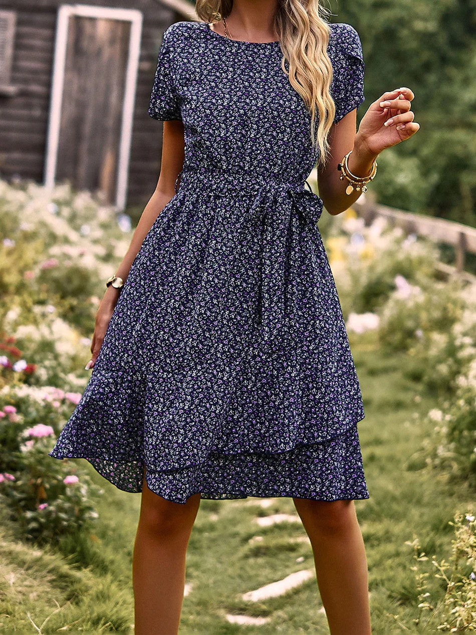 Women's Round Neck Short Sleeve Floral Print Casual Dress