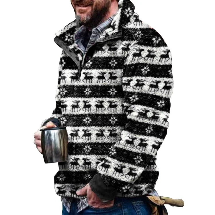 Mens Christmas Patchwork Fuzzy Sherpa Sweatshirt Pullover Stand Collar