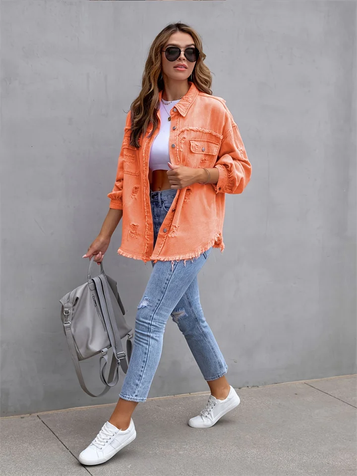 New Denim Jacket Women Solid Color Loose Jacket Holes Long-sleeved Women's Denim Shirt-JRSEE