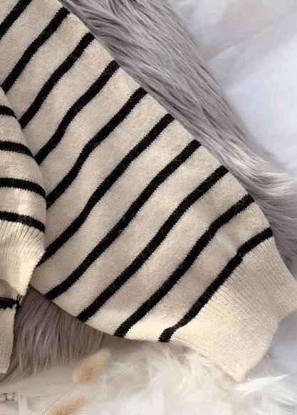 Fashion beige striped sweaters trendy plus size o neck low high design Sweater Blouse