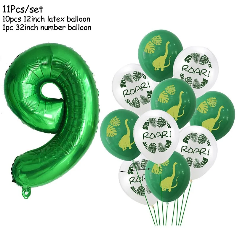 11Pcs Green Foil Number Balloons Dinosaur Latex Balloon Kids Jungle Theme Birthday Safari Forest Party Decorations Baby Shower