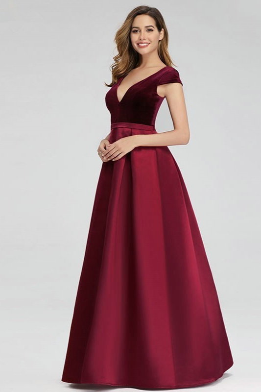 Stunning Burgundy Cap Sleeve Vlevet Long Evening Prom Dress On Sale