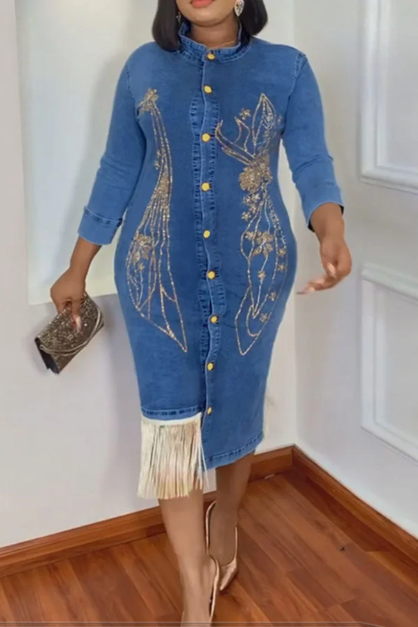 Rhinestone Undeniable Tassel Denim Midi Dress
