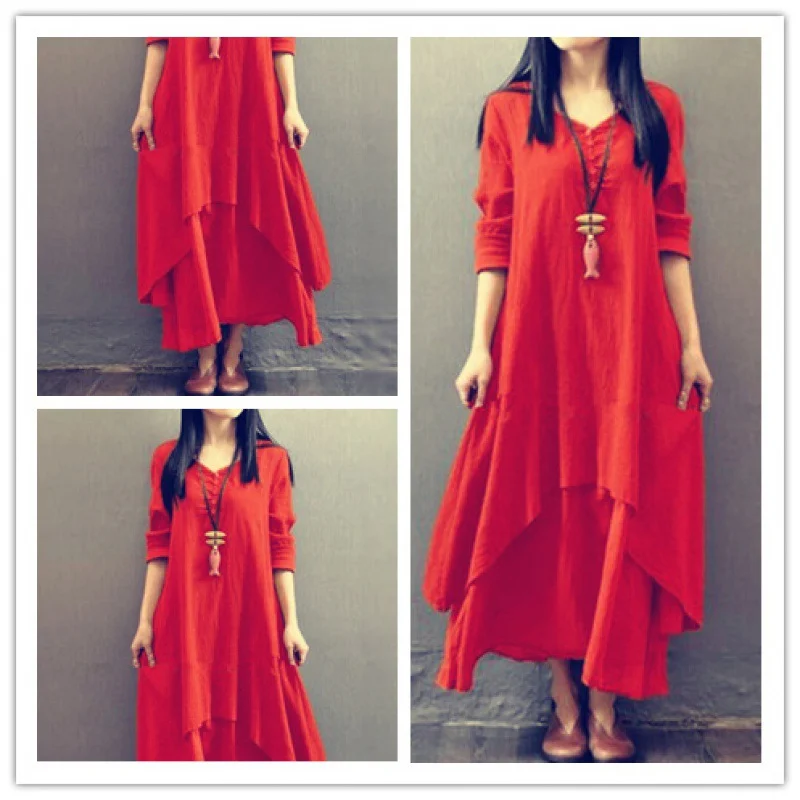 Uveng Uveng Spring And Autumn New Fake Two Long Dress Literary And Wide Linen Dress Loose Long-Sleeved Solid Cotton Dress Summer
