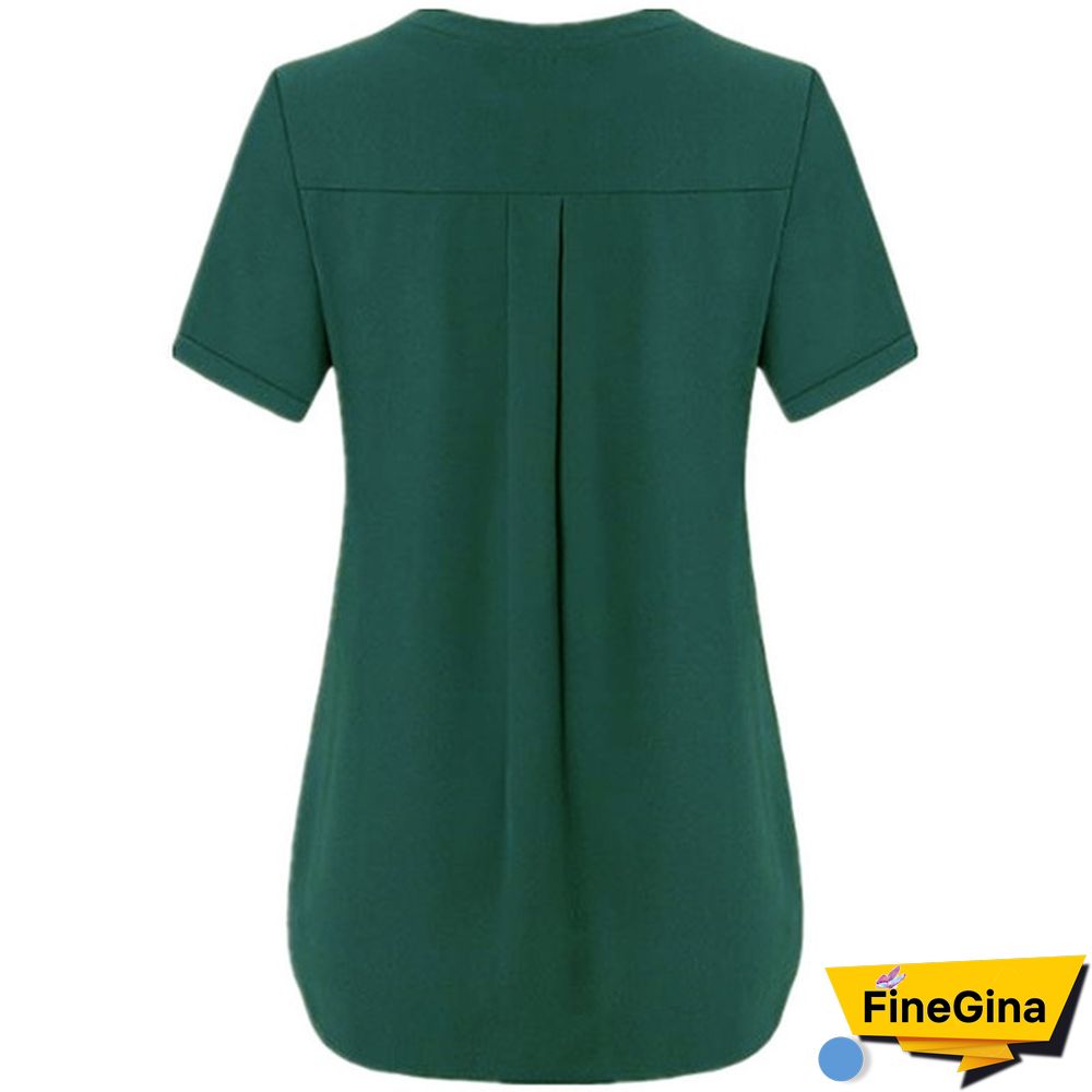 Womens Fashion Summer Sexy V-neck Short Sleeve Shirt Solid Color Loose Pleated Chiffon T
