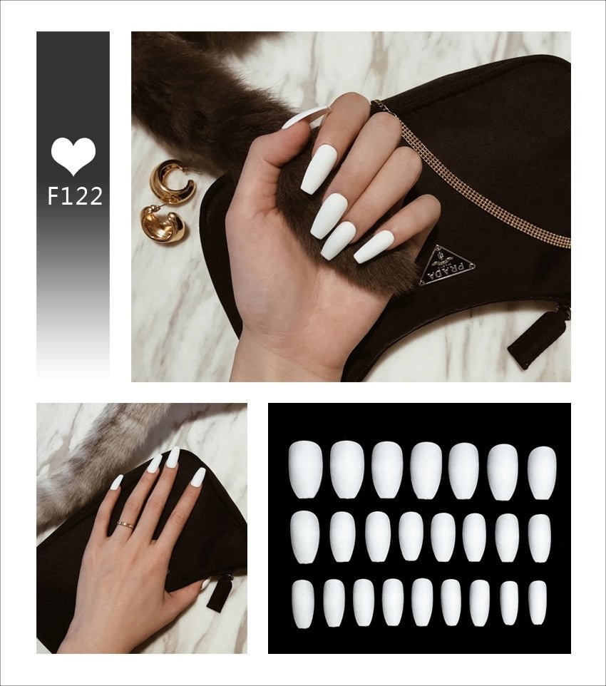 24pcs Black White Matte Fake Nails Stiletto Tips Press on Long False with Glue Coffin Full Cover Nail Decoration Tool