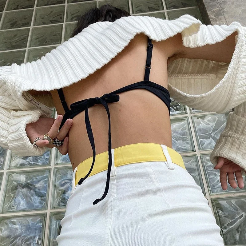 Tossy White Women Sweater Shrugs Cropped Top Full Lantern Sleeve Knitwear Pullover Sexy Summer High Street Outwear 2021 Spring