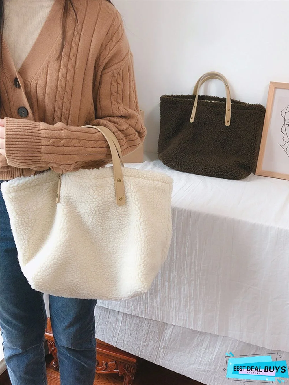 Pure Color Lambswool Large Capacity Handbag