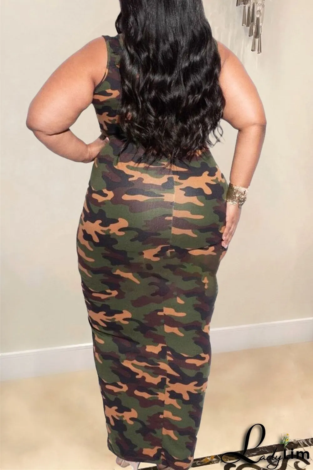 Multicolor Fashion Casual Plus Size Print Patchwork U Neck Vest Dress