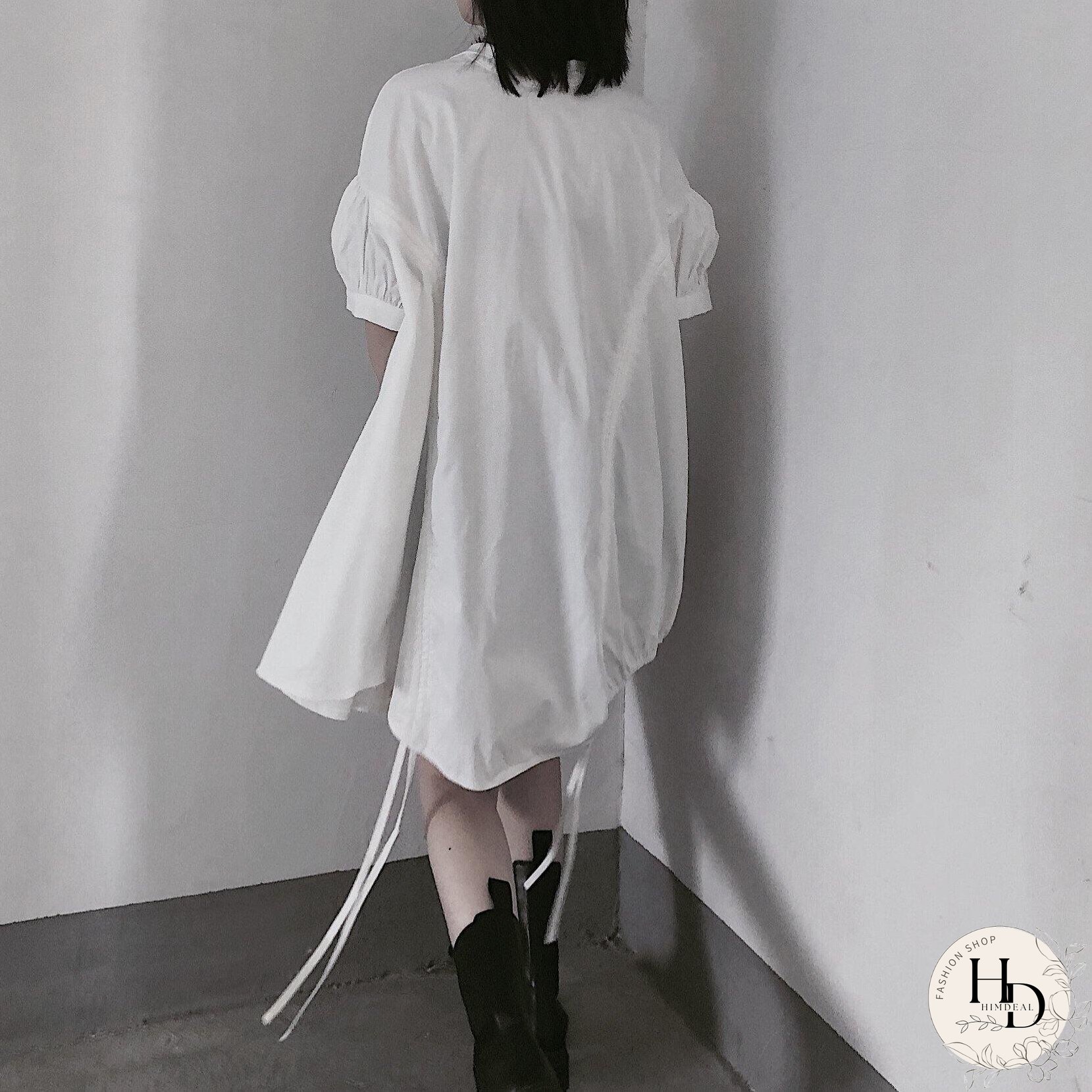 Modern White Dresses O Neck Drawstring loose Dress