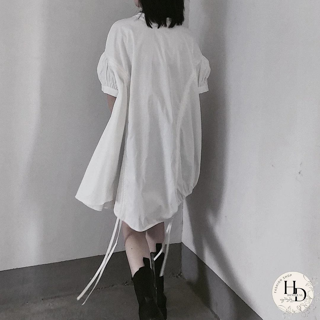 Modern White Dresses O Neck Drawstring loose Dress