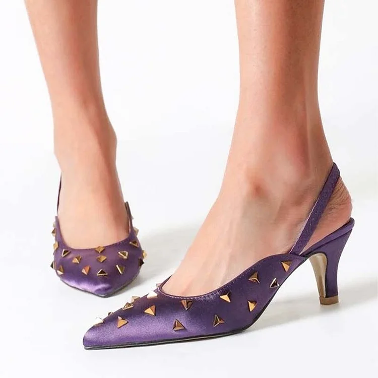 Purple Slingback Pumps Pointy Toe Rivets Shoes Classic Kitten Heels |FSJ Shoes