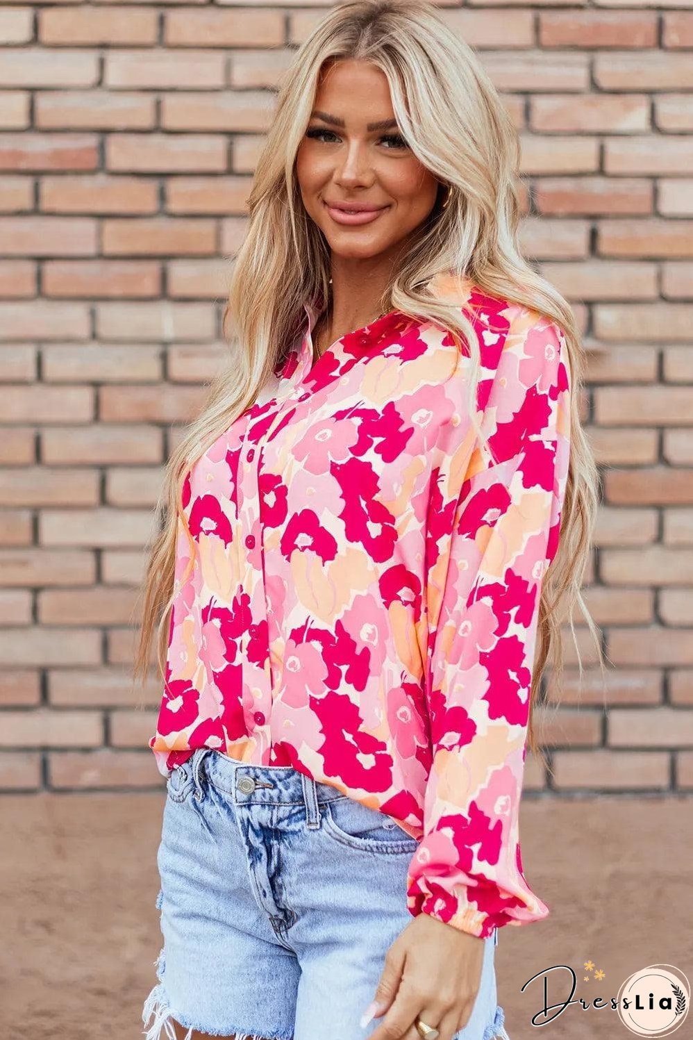 Pink Blooming Floral Print Puff Sleeve Buttoned Shirt