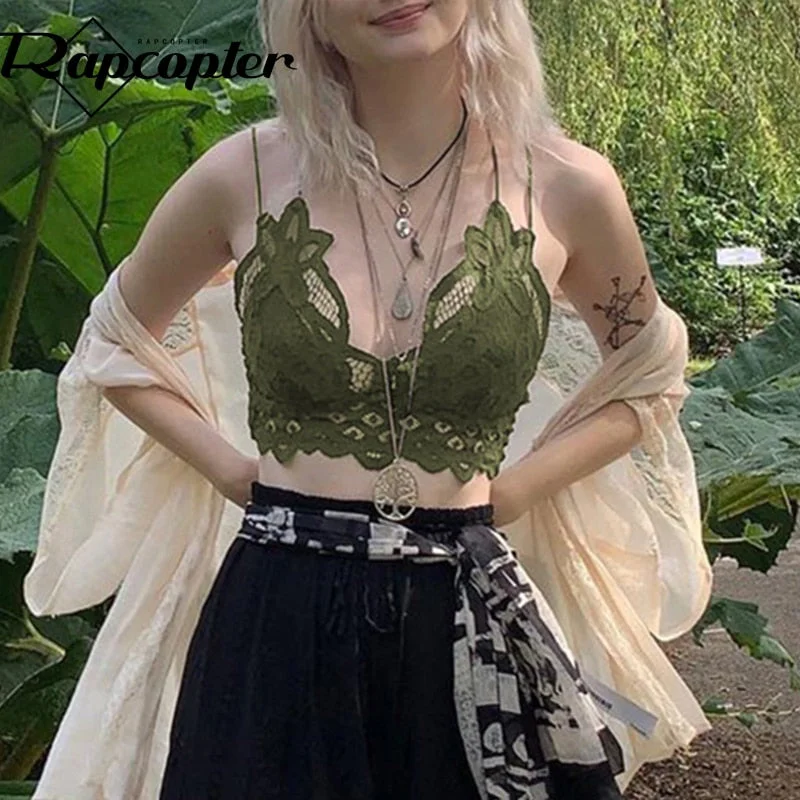 Rapcopter y2k Cute Sweet Crop Top Lace Backless V Neck Mini Vest Vintage Grunge Fairycore Corset Sweats Women Holiday Camis Chic