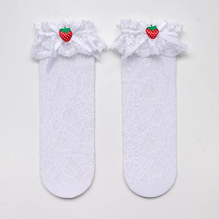 Strawberry Lace Bow Japanese Lolita Stockings - Modakawa Modakawa
