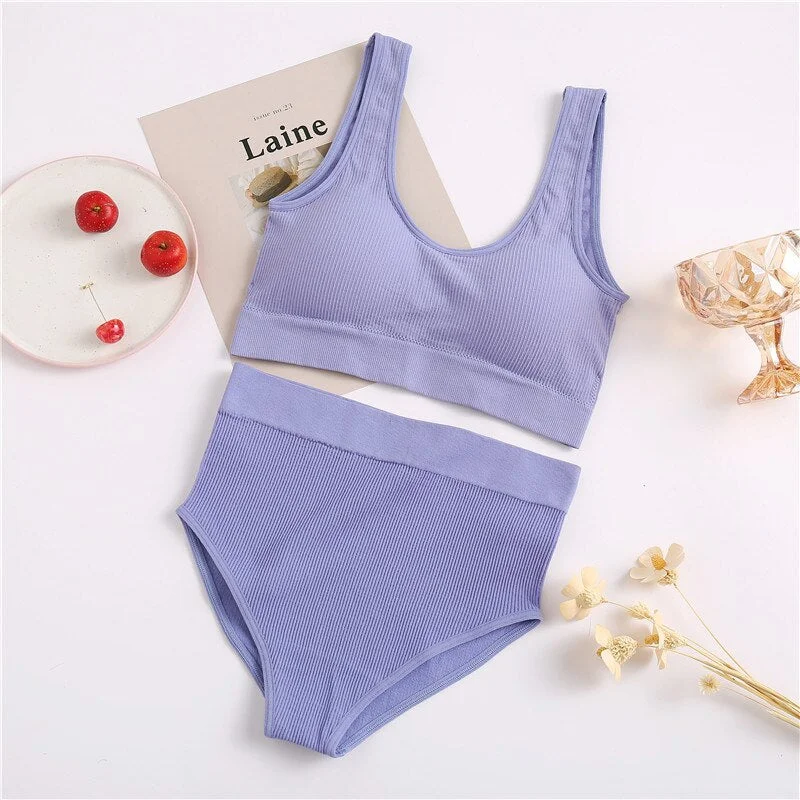 FINETOO Seamless Tops Set High Waist Panties Women Wireless Underwear Suit Soft Padded Bras Set S-XL Backless Bralette Lingerie