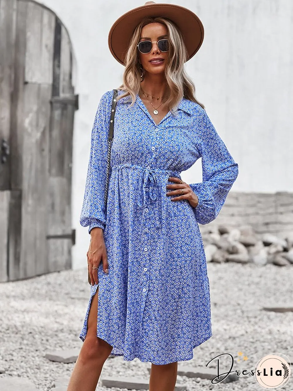 Dress for Women New Spring Autumn Printed Belt Waist A-Line Skirt Temperament Commuter